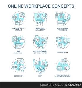 Online workplace turquoise concept icons set. Business tools. Virtual office platform idea thin line color illustrations. Isolated symbols. Editable stroke. Roboto-Medium, Myriad Pro-Bold fonts used. Online workplace turquoise concept icons set