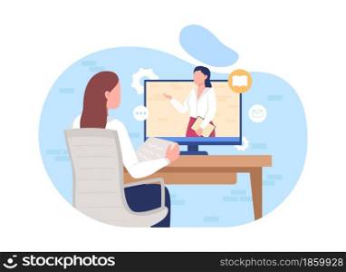 Online workshop 2D vector isolated illustration. Distance course on business. Streaming video on professional training. Learning flat characters on cartoon background. E-learning colourful scene. Online workshop 2D vector isolated illustration