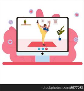 Online yoga. Plus size woman doing yoga on video. Online yoga. Plus size woman doing yoga on video. Flat vector illustration