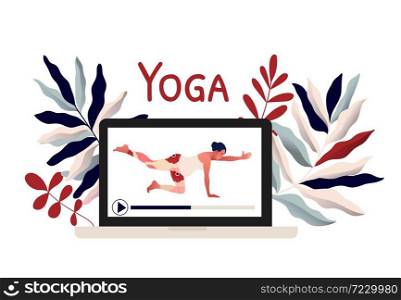 Online yoga training for pregnant. Stay at home. Lockdown. Covid-2019 quarantine. Woman practicing yoga exercise on laptop screen. Modern flat design concept of web page. Vector illustration