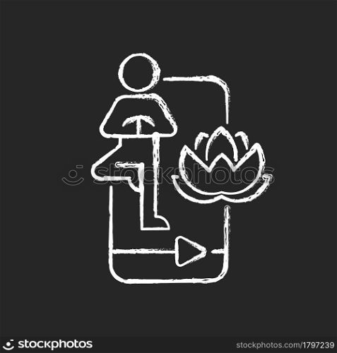 Online yoga tutorial chalk white icon on dark background. Physical, mental and spiritual discipline group. Whole body practice. Balance maintaining. Isolated vector chalkboard illustration on black. Online yoga tutorial chalk white icon on dark background.