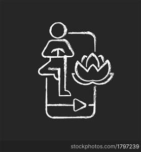 Online yoga tutorial chalk white icon on dark background. Physical, mental and spiritual discipline group. Whole body practice. Balance maintaining. Isolated vector chalkboard illustration on black. Online yoga tutorial chalk white icon on dark background.