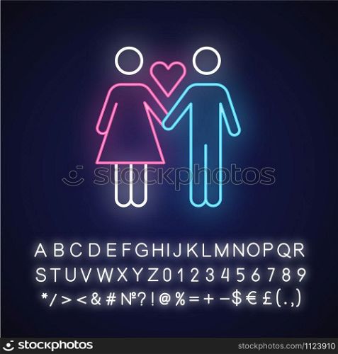 Only one partner neon light icon. Girlfriend and boyfriend. Woman and man in love. Safe sex. Partner, lover. Monogamy. Glowing sign with alphabet, numbers and symbols. Vector isolated illustration
