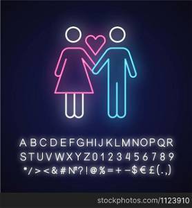 Only one partner neon light icon. Girlfriend and boyfriend. Woman and man in love. Safe sex. Partner, lover. Monogamy. Glowing sign with alphabet, numbers and symbols. Vector isolated illustration