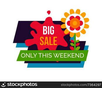 Only this weekend big sale promo label with blooming spring flower, summer emblem informing about discounts vector illustration isolated on white. Only Weekend Big Sale Promo Label with Blooming