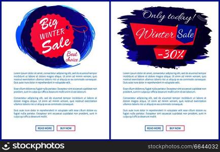 Only today winter sale - 30% off promo web posters on blue brush strokes vector hanging tag label on landing page. Advertisement xmas label design. Only Today Winter Sale - 30% Off Promo Posters Set