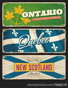 Ontario, Quebec and New Scotland Canada regions and provinces vector plates of Canadian flags and coat of arms. Vintage tin plates with gold maple leaves, heraldic fleur de lis, white and blue crosses. Ontario, Quebec and New Scotland, Canada provinces