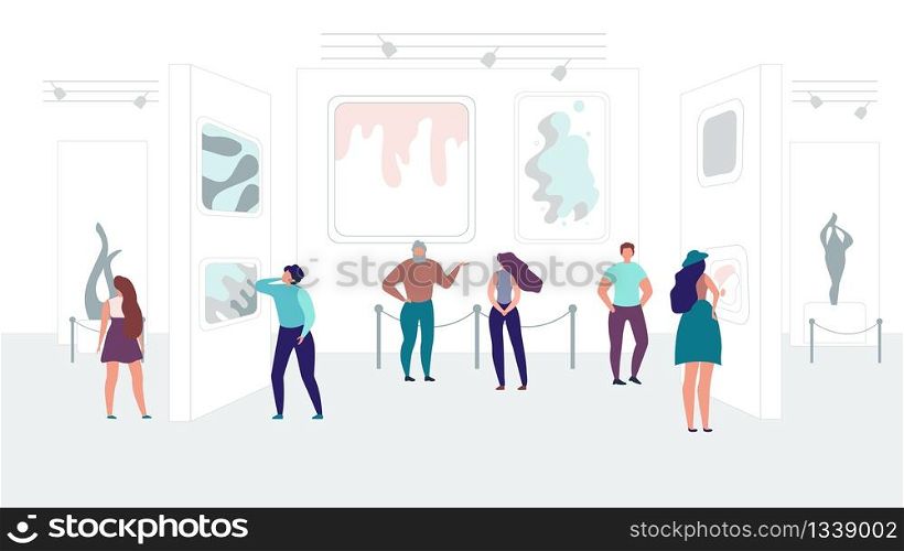 ?ontemporary Abstract Art Exhibition Flat Vector. Illustration ?old ?olors. Bearded Man, Guy, Girls Walk Exhibition Gallery or Museum, View Paintings, Exhibits, Installations Modern Art. ?ontemporary Abstract Art Exhibition Flat Vector