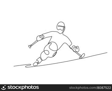  ontinuous line drawing of a Alpine skiing disabled sportsman. Isolated vector illustration for adaptive sports. One line drawing of a sportsman with disability. Winter sports.