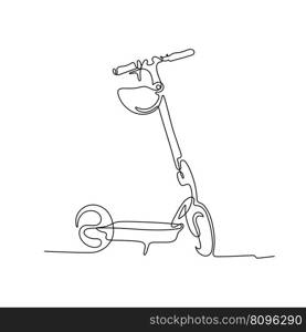  ontinuous line drawing of scooter and helmet. Stand-up Electric scooter for short distance transportation. Vector illustration isolated on white background 