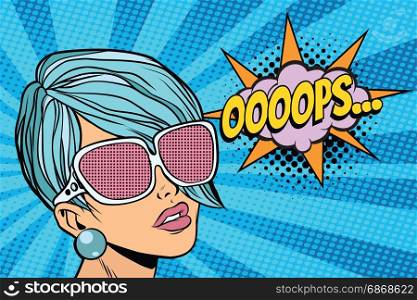 oops beautiful woman with opaque sunglasses. Pop art retro comic book vector illustration. oops beautiful woman with opaque sunglasses