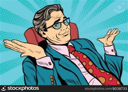 oops sorry business man. Pop art retro vector, realistic hand drawn illustration. businessman throws up his hands