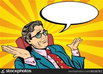 oops sorry business man. Pop art retro vector, realistic hand drawn illustration. businessman throws up his hands