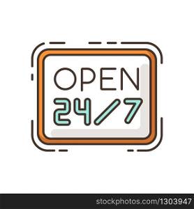 Open 24 7 hours RGB color icon. Twenty four seven store. Hanging retail sign. Signage for 24 hrs shop. Supermarket signboard. Highly available commerce. Isolated vector illustration