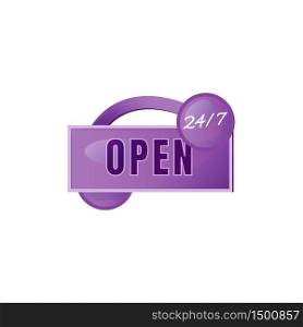 Open 24 hours purple vector board sign illustration. Round the clock shop signboard design with typography. Marketing banner isolated object on white background. Advertising storefront sign. Open 24 hours purple vector board sign illustration