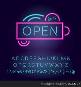 Open 24 hours vector neon light board sign illustration. Night store, round the clock shop commercial signboard design with alphabet, numbers and symbols. Announcement banner with outer glowing effect. Open 24 hours vector neon light board sign illustration