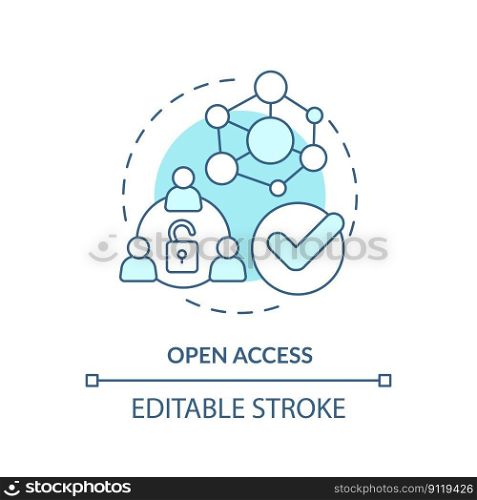 Open access turquoise concept icon. Free membership in program. DAO characteristic abstract idea thin line illustration. Isolated outline drawing. Editable stroke. Arial, Myriad Pro-Bold fonts used. Open access turquoise concept icon