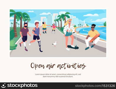 Open air activities banner flat vector template. Brochure, poster concept design with cartoon characters. People on seafront. Summer holiday recreation horizontal flyer, leaflet with place for text. Open air activities banner flat vector template