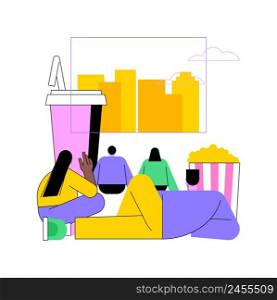 Open air cinema abstract concept vector illustration. Open air movie theater, backyard cinema, watch film outdoors, drive-in service, buy tickets online, rent inflatable screen abstract metaphor.. Open air cinema abstract concept vector illustration.