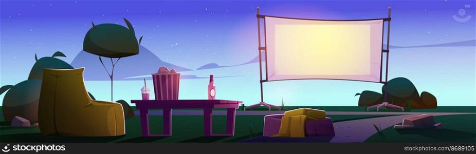 Open air cinema on lawn with big screen, chairs and table at evening. Vector cartoon illustration of backyard or public park with equipment for outdoor movie theater at summer night. Open air cinema on backyard at evening