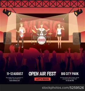 Open Air Festival Banner. Festival square banner with female-fronted rock music band performing on stage in front of audience vector illustration