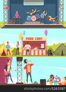 Open Air Festival Banners Set. Open air festival players and audience 3 retro cartoon horizontal banners with stage tents food court vector illustration