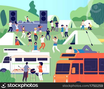 Open air festival. Musical performance, park or c&concert. Outdoor dj stage, people and tents. Music event on nature vector illustration. Festival concert, outdoor summer, music and food truck. Open air festival. Musical performance, park or c&concert. Outdoor dj stage, people and tents. Music event on nature vector illustration