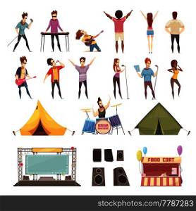 Open air festival retro cartoon icons set with singers musical instruments guitarist stage amps isolated vector illustration . Open Air Festival Icons Set