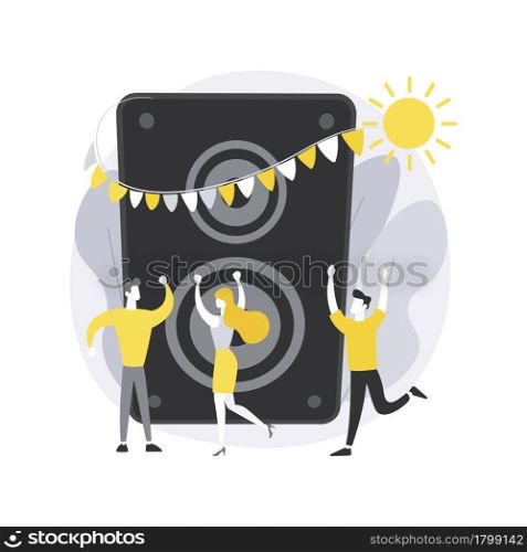 Open air party abstract concept vector illustration. Open air event, dance outdoor, summer music festival, enjoying concert, crowd of people, night party, live performance abstract metaphor.. Open air party abstract concept vector illustration.