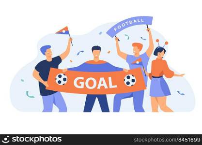 Open-air soccer fans holding large banner with goal isolated flat vector illustration. Cartoon group of active people cheering for football team. Sport game and celebration concept