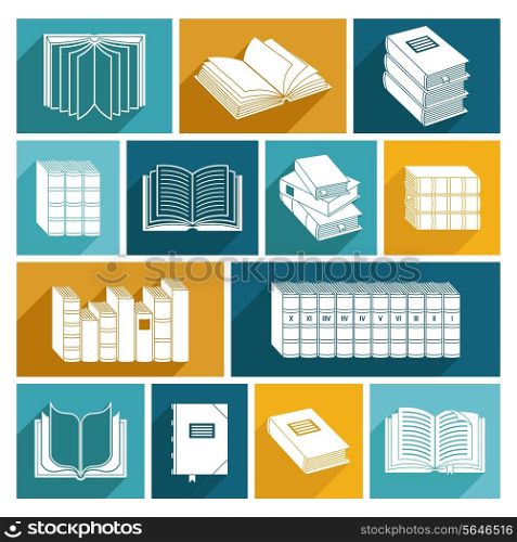 Open and closed book collected works decorative icons flat set isolated vector illustration.