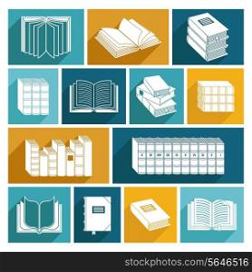 Open and closed book collected works decorative icons flat set isolated vector illustration.