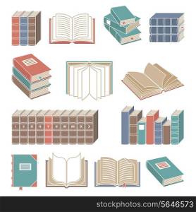 Open and closed book decorative icons color set isolated vector illustration.
