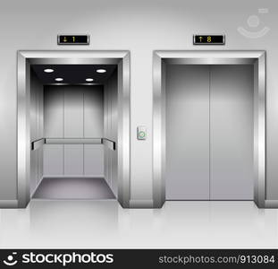 Open and closed chrome metal office building elevator doors realistic vector illustration