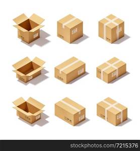 Open and closed delivery cardboard 3d realistic decorative icons set isolated vector illustration