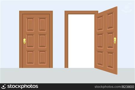 Open and closed door house front. Wooden open entry with shining light. Vector illustration