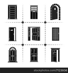 Open and closed door silhouettes vector icons set isolated on white illustration. Open and closed door silhouettes vector icons set