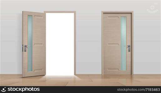 Open and closed doors. Realistic 3D white and brown home and office entry doors. Vector image different front apartment doors set isolated on white background. Open and closed doors. Realistic 3D white and brown home and office entry doors. Vector different front doors set isolated on white background