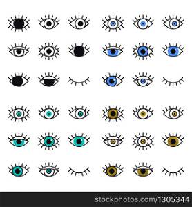 Open and closed eyes line icons set on white background. Look, see, sight, view sign and symbol. Vector linear graphic element. Optical and search theme in minimal design style. Eye with eyelashes. Open and closed eyes line icons set on white background. Look, see, sight, view sign and symbol. Vector linear graphic element. Optical and search theme in minimal design style. Eye with eyelashes.