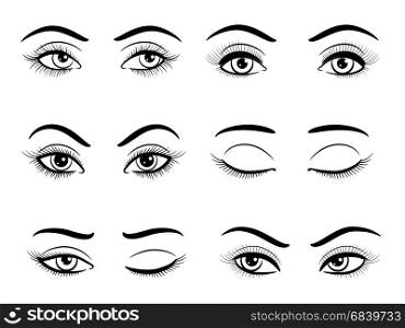 Open and closed female eyes set. Hand drawn open and closed female eyes set. Vector illustration