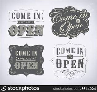 Open and Closed Vintage retro signs/ typography design drawing with chalk on blackboard