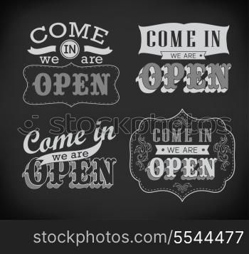 Open and Closed Vintage retro signs/ typography design drawing with chalk on blackboard