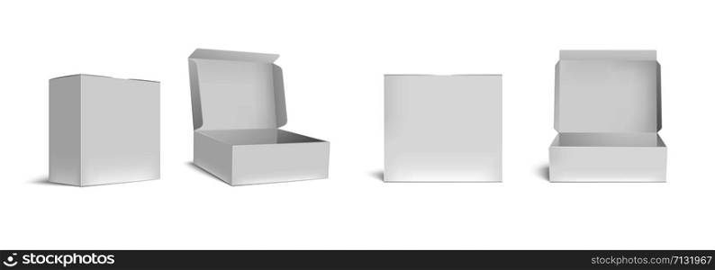 Open and closed white box mockup. Opened packaging boxes, empty rectangular package and realistic packages 3d vector illustration set. Square containers, paper packing isolated cliparts collection. Open and closed white box mockup. Opened packaging boxes, empty rectangular package and realistic packages 3d vector illustration set. Square blank containers, carton packings cliparts collection