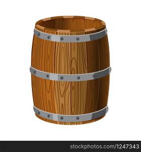Open arrel wooden with metal stripes, for alcohol, wine, rum, beer and other beverages. Open barrel wooden with metal stripes, for alcohol, wine, rum, beer and other beverages, or treasures, gunpowder. Isolated on white background. Vector illustration. Cartoon style.
