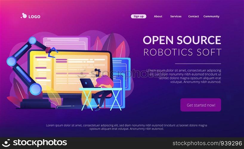 Open automation architecture, open source robotics soft, free development concept. Website vibrant violet landing web page template.. Open automation architecture concept landing page.