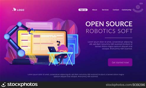 Open automation architecture, open source robotics soft, free development concept. Website vibrant violet landing web page template.. Open automation architecture concept landing page.