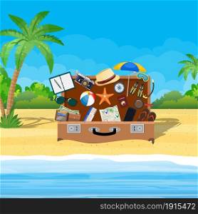 Open baggage, luggage, suitcases with travel icons and objects on tropical background. vector illustration in flat design. Open baggage, luggage, suitcases