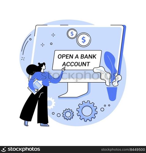 Open bank account online isolated cartoon vector illustrations. Woman open bank account using laptop, business people, financial literacy, mobile banking app, money management vector cartoon.. Open bank account online isolated cartoon vector illustrations.