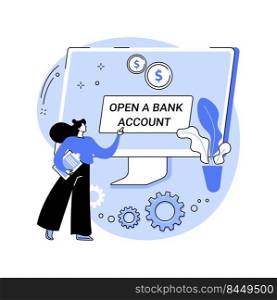 Open bank account online isolated cartoon vector illustrations. Woman open bank account using laptop, business people, financial literacy, mobile banking app, money management vector cartoon.. Open bank account online isolated cartoon vector illustrations.