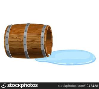 Open barrel lying on the ground, empty with spilled liquid. Open barrel lying on the ground, empty with spilled liquid, puddle, vector, isolated on white background, cartoon style